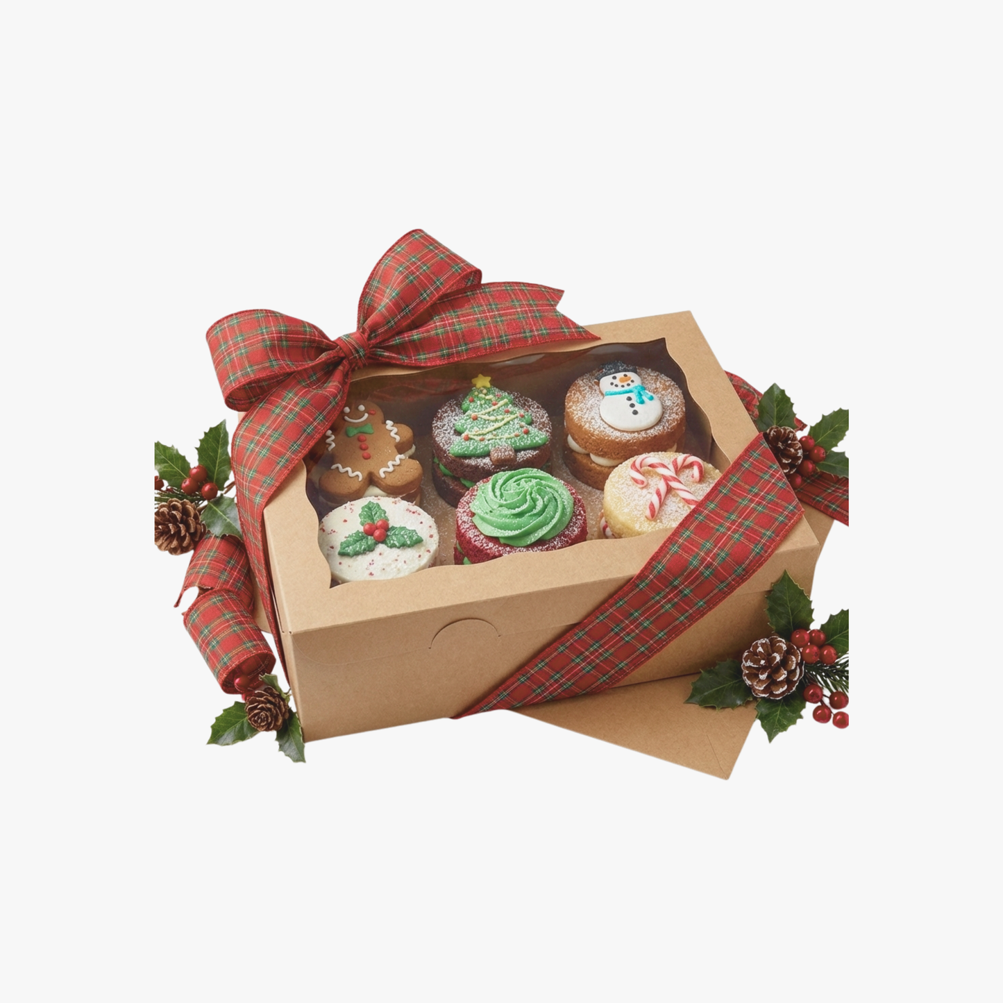 Kraft bakery box with clear window, 14 x 10 x 4 inches, holding assorted Christmas cupcakes