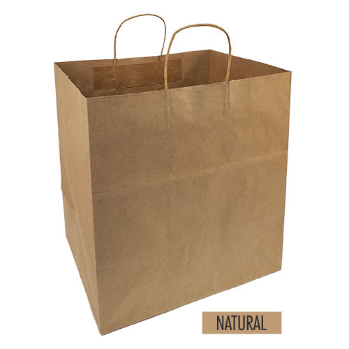 A plain take out size brown paper bag with handles