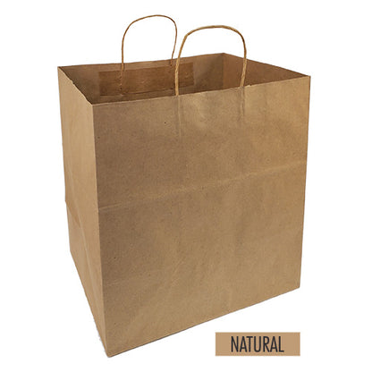 A plain take out size brown paper bag with handles