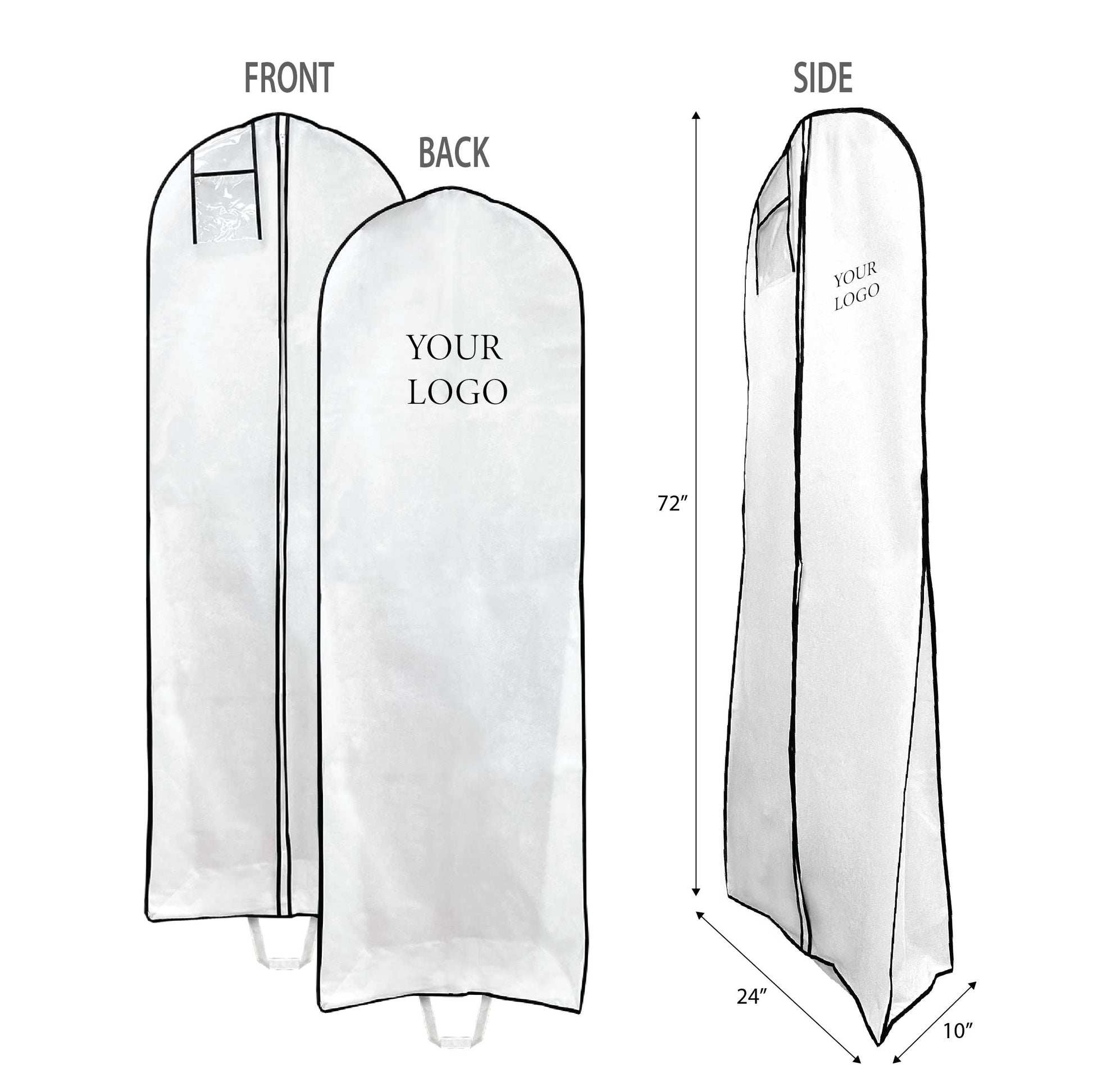 A white garment bag with measurements