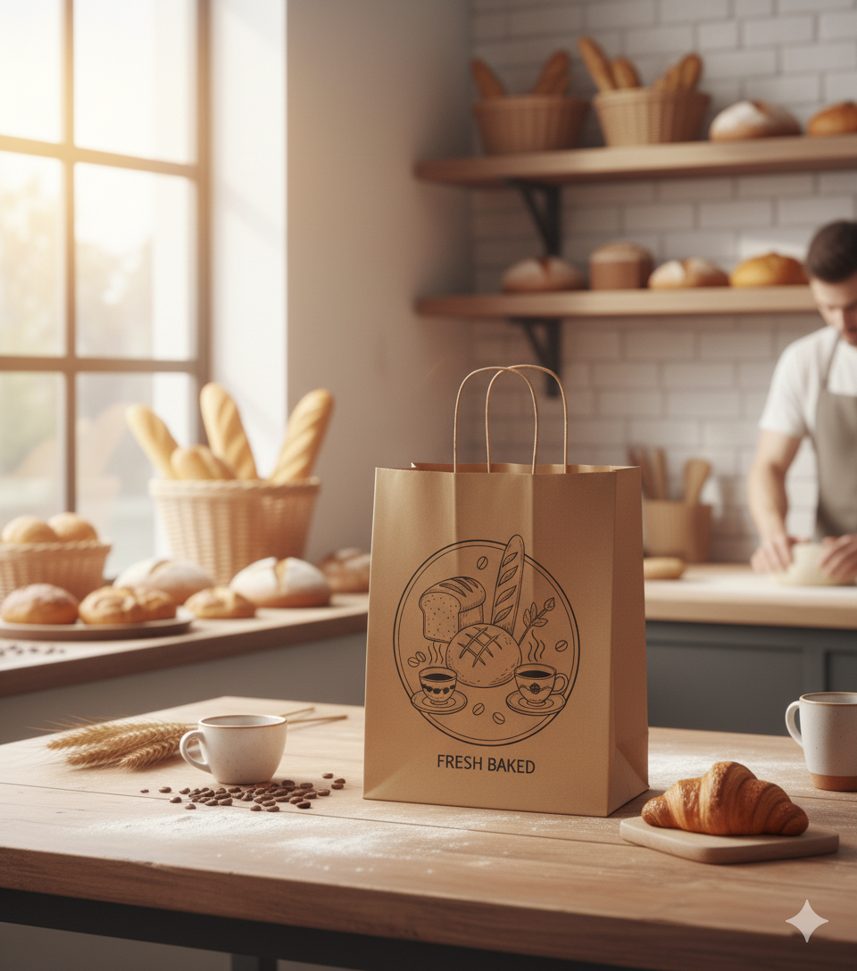 Brown paper bag with 'logo' design on a wooden table in a bakery setting.