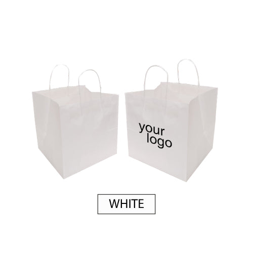 Two logoed white paper bags with twisted handles in bakery size