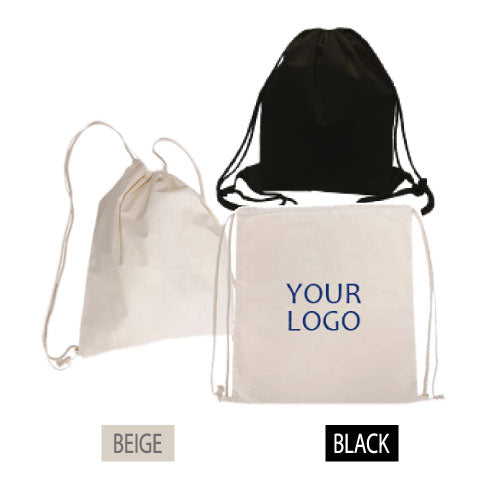 Three canvas drawstring backpack in black and beige with 'your logo' design.