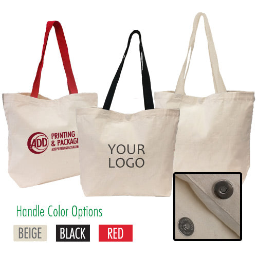 Customized cotton tote bag with colorful handles and magnetic closure.