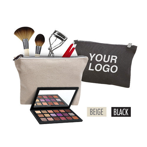 Two canvas bags with zipper, one beige containing makeup brush and eyeshadow palette , one black  with the words "your logo" printed on it.