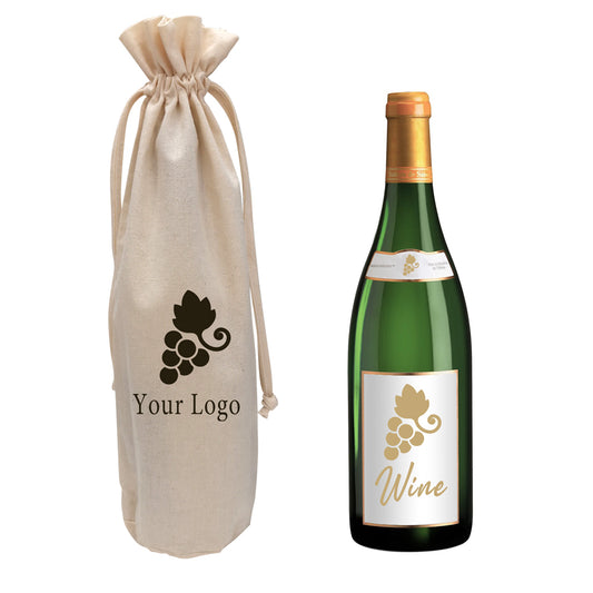 A labeled wine bottle next to a canvas drawstring bag with logo printed