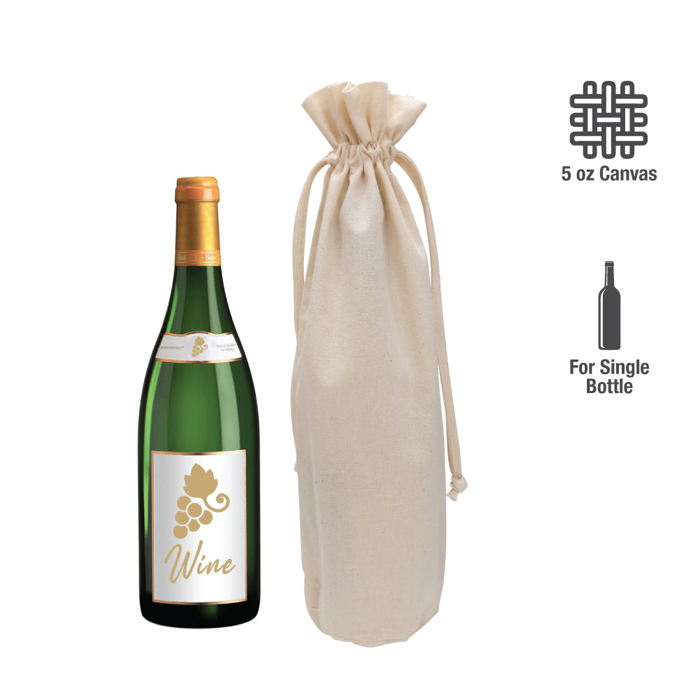 A wine bottle and canvas drawstring bag with a label