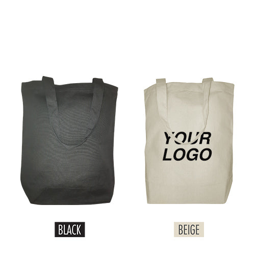 Two customized cotton canvas tote bag in black and beige featuring a special print.