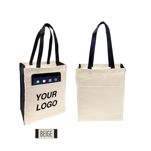 Two tote bags one is blank, another one displaying logo on the front and pocket detail.