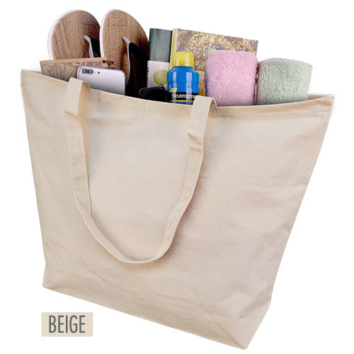 A jumbo canvas  tote bag filled with assorted items.