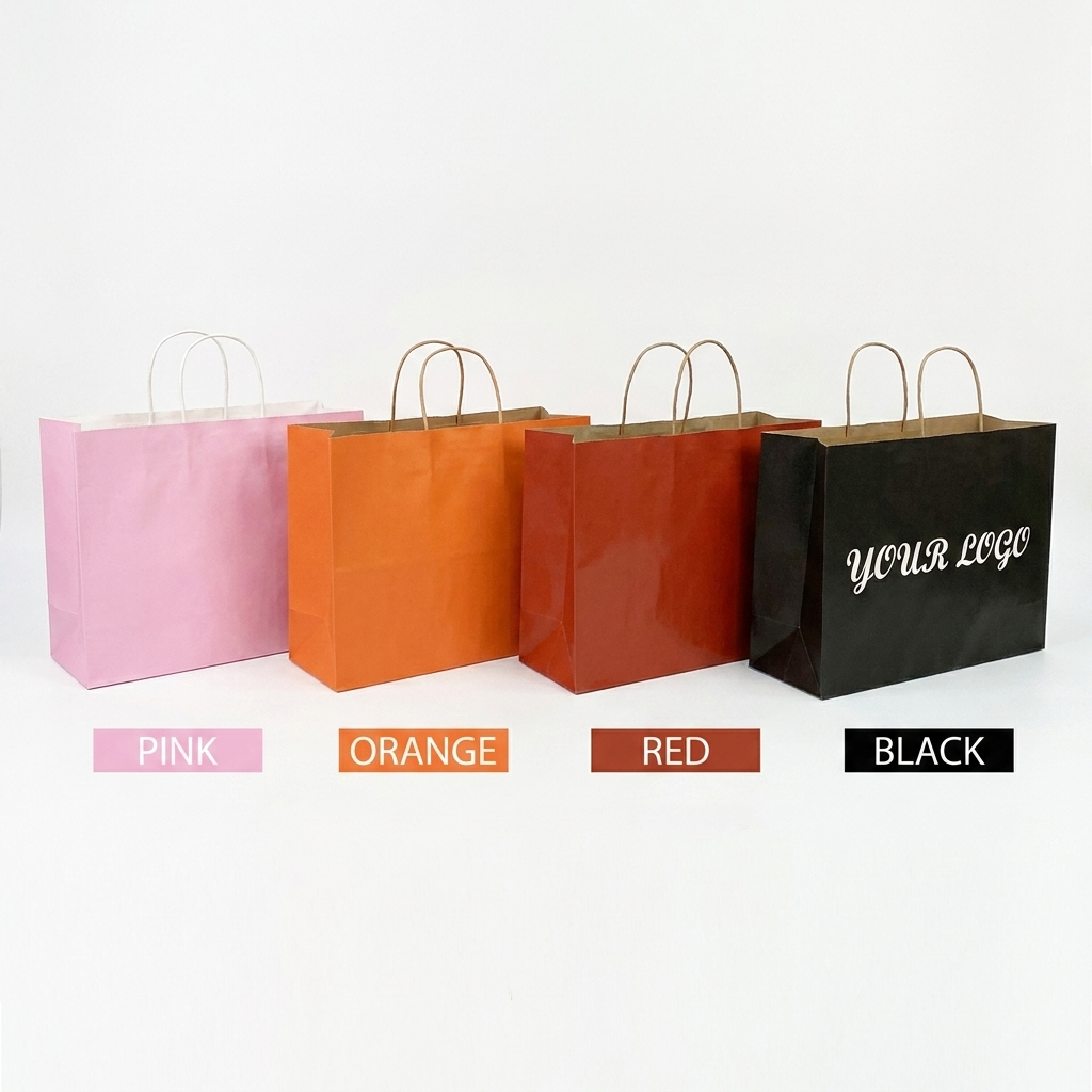 Four colorful paper bags (Pink, Orange, Red, Black) with 'Your Logo' text on a white background.