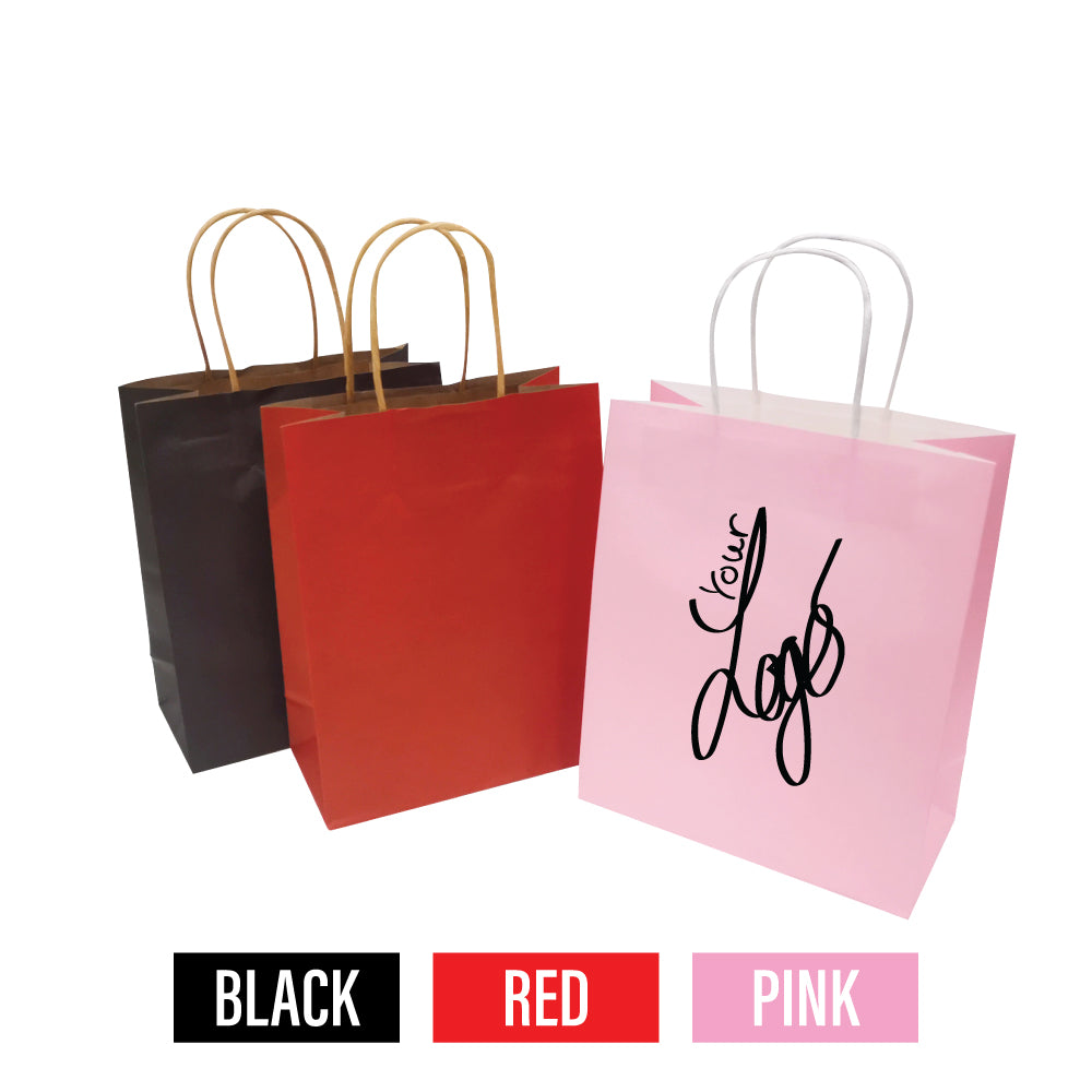 Three paper bags in different colors, each with the word "your logo" printed on them.