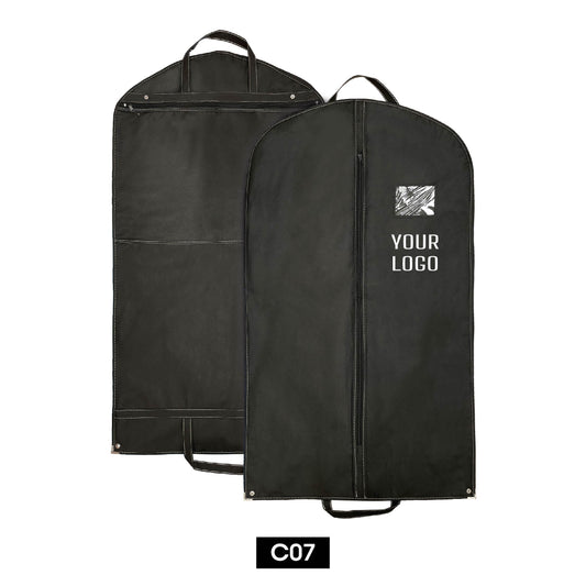 A black garment bag with handles and the words "Your Logo" on it