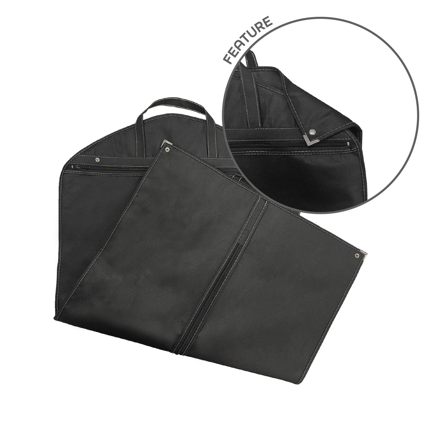 A black garment bag with a zipper and a zipper pocket