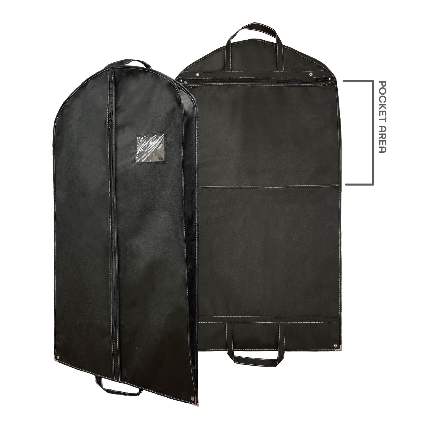 A black garment bag with details displayed