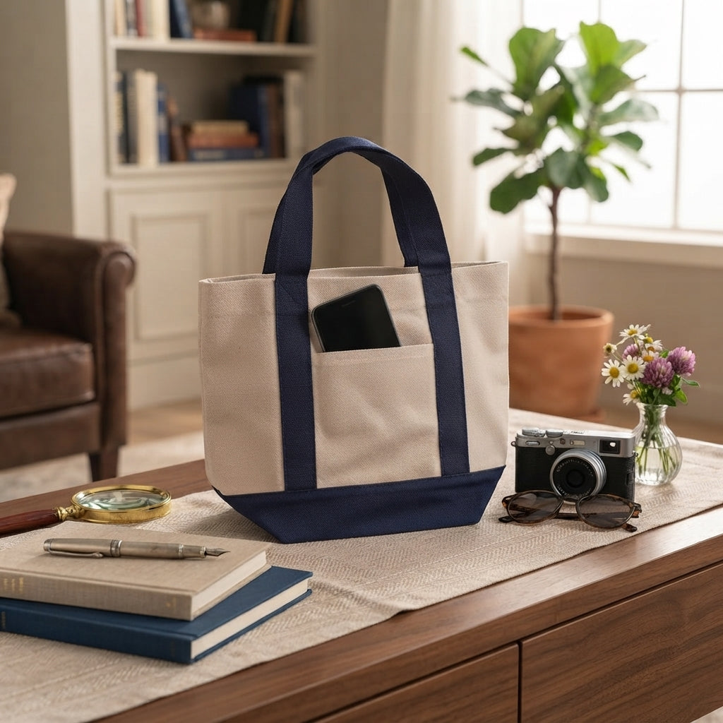 Trader Joe Mini Two-Tone Canvas Carryall Tote Bags 12oz - 12.5"W x 6“Dx 11"H
