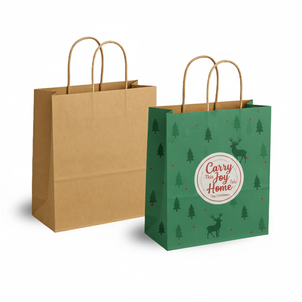 Brown paper bag and green gift bag with festive design on a white background