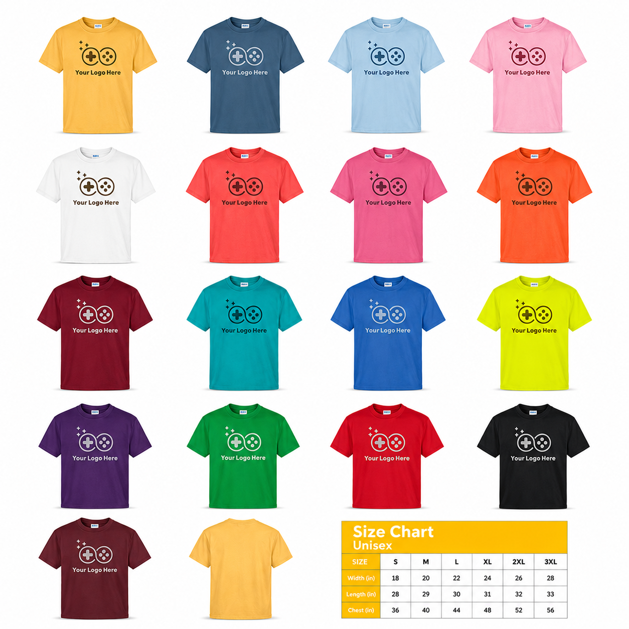 Collection of customizable t-shirts in various colors with a size chart at the bottom.