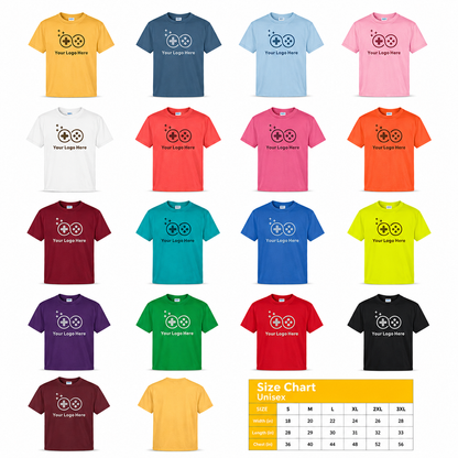 Collection of customizable t-shirts in various colors with a size chart at the bottom.
