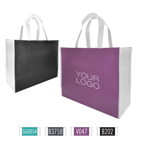 Two tone promotional non-woven bags with white handles in different colors with your logo on them.
