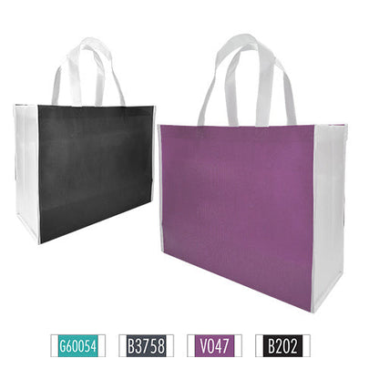 Two tone promotional non-woven bags with white handles in different colors with your logo on them.