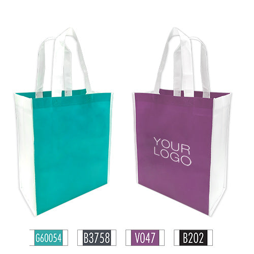 Two Tone non-woven shopping bags in purple and green with your logo prominently displayed.