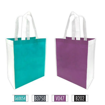 Two Tone non-woven shopping bags in purple and green with your logo prominently displayed.