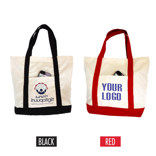 Two canvas tote bags in black and red with logo printed on them.