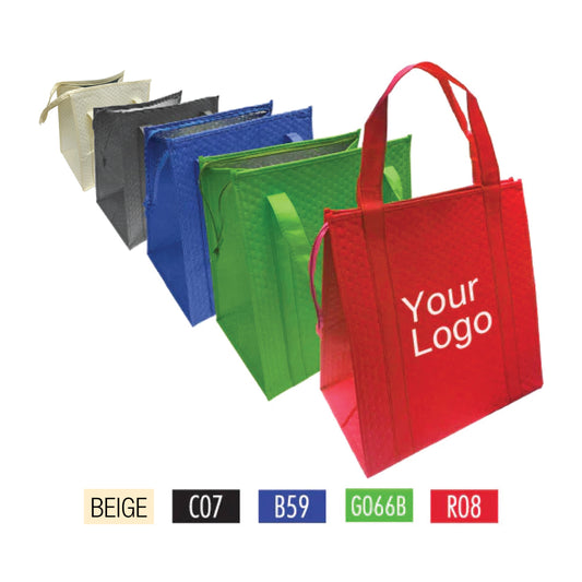 thermal grocery bags with zipper in five colors and your logo prominently displayed on it