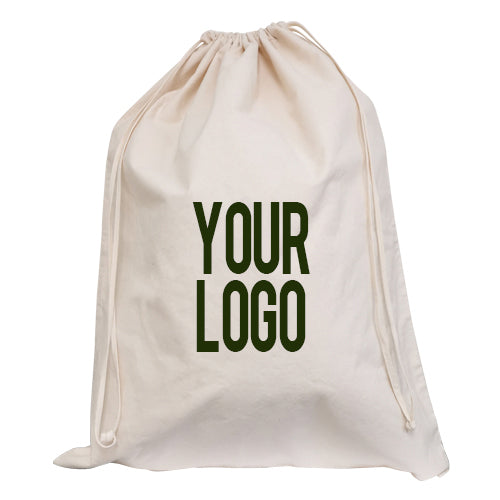 A white cotton drawstring bag with the words "Your Logo" printed on it.