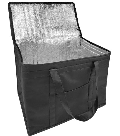 An black jumbo insulated food delivery bag with handles and zipper