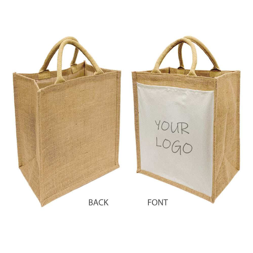 A  jute shopping bag displayed, showcasing their front and back sides