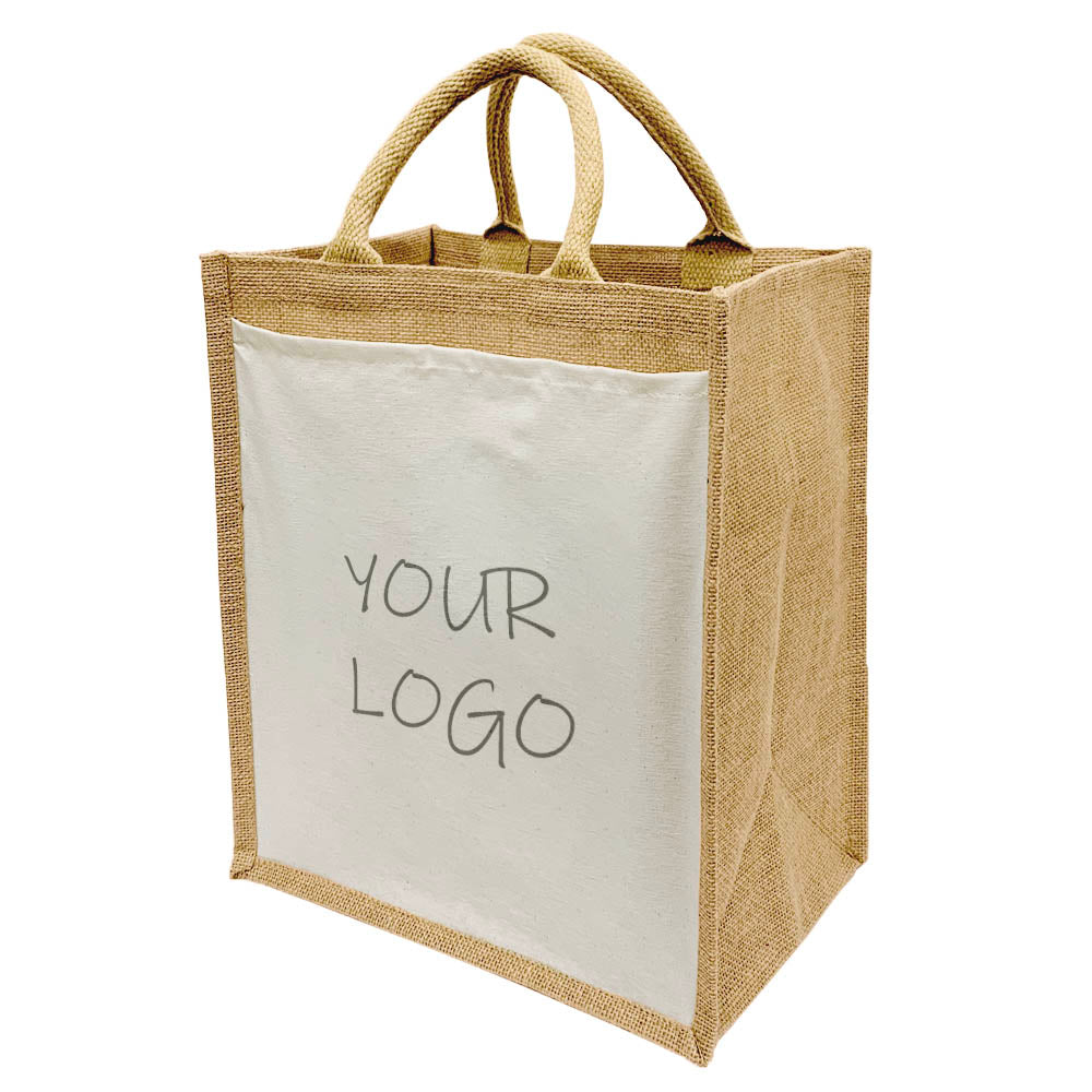 Custom jute shopping bag with a white pocket.