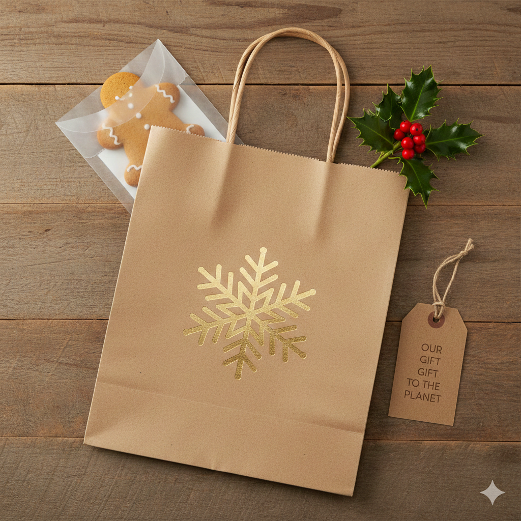 Brown paper bag with gold snowflake design, gingerbread cookies, and holly on a wooden surface