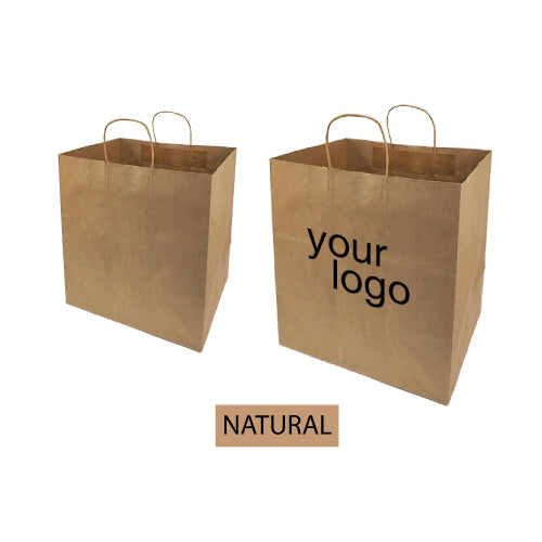 Two take out size brown paper bags with the words "Your Logo" printed on them
