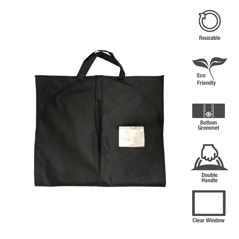 A black garment bag with zipper, double handle and pocket