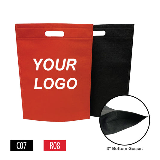 two red and black non-woven shopping bags with die cut handle and the words "Your Logo" on it