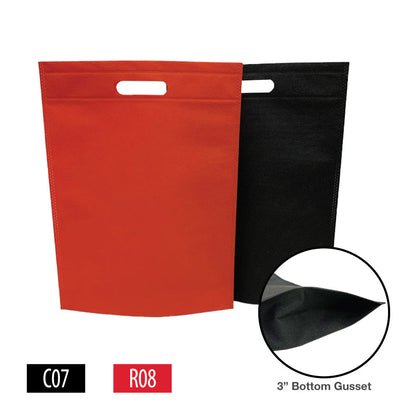 two red and black non-woven shopping bags with die cut handle and the words "Your Logo" on it