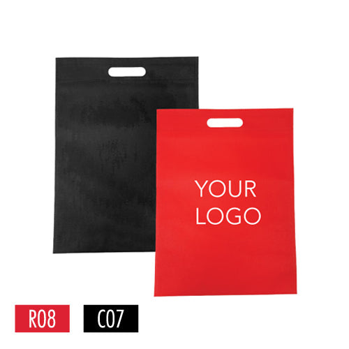 Two red and black die cut handle non-woven shopping bags with the word your logo on them