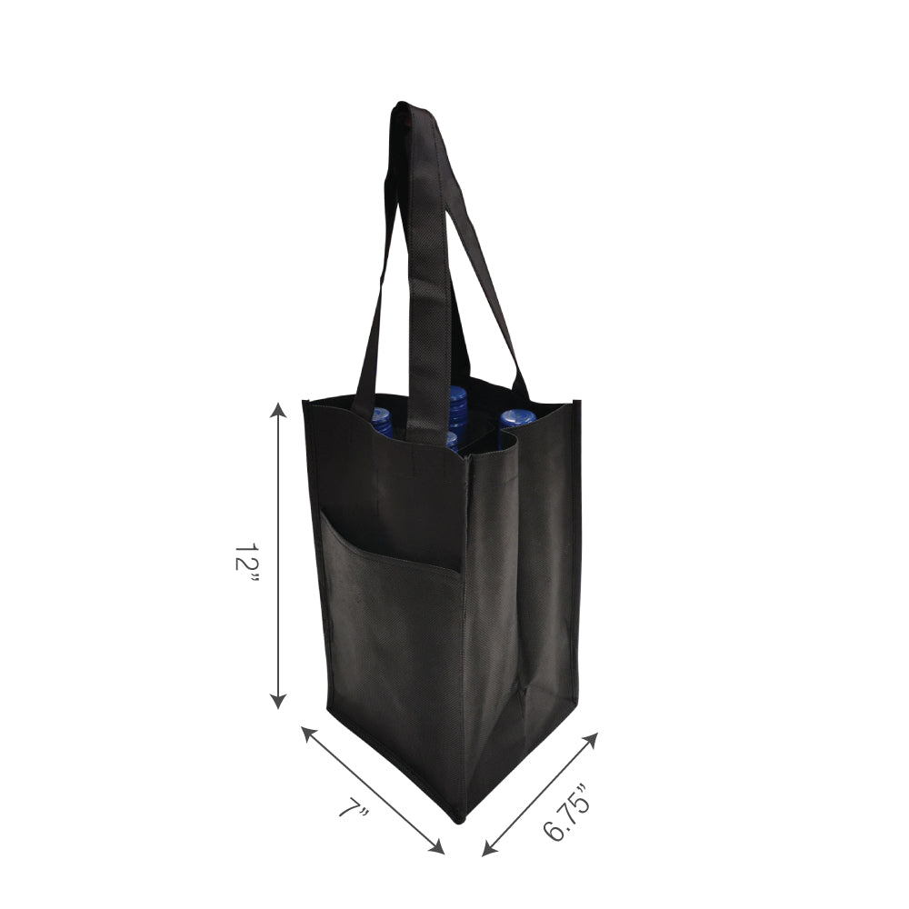 A black wine bag with handles and front pocket containing 4 bottles of wine, dimensions included. 