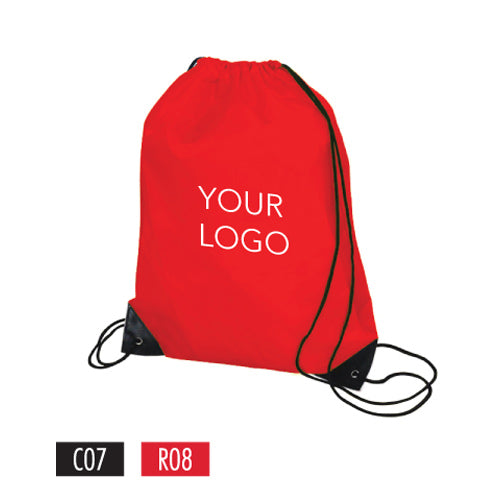 Red nylon drawstring backpack with a black shoulder strap and "Your Logo" printed on it.