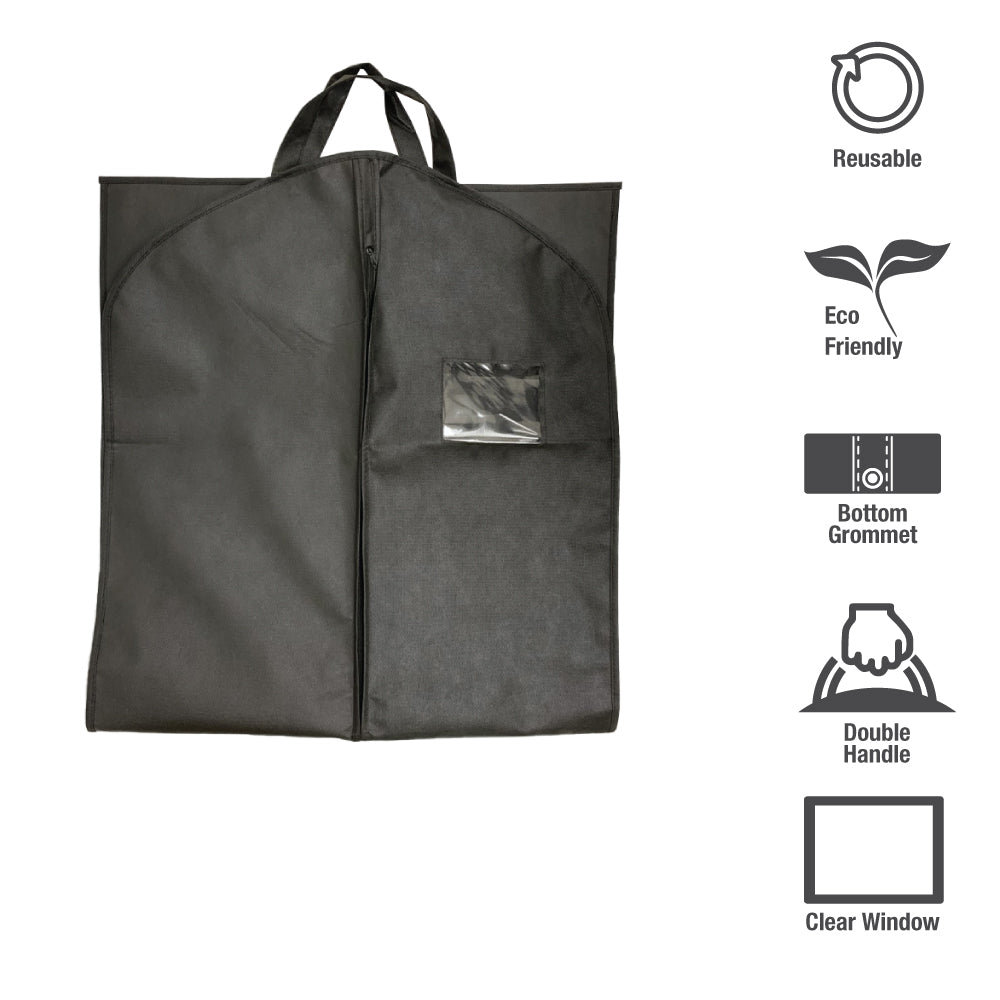 A black garment bag with zipper, double handle and pocket