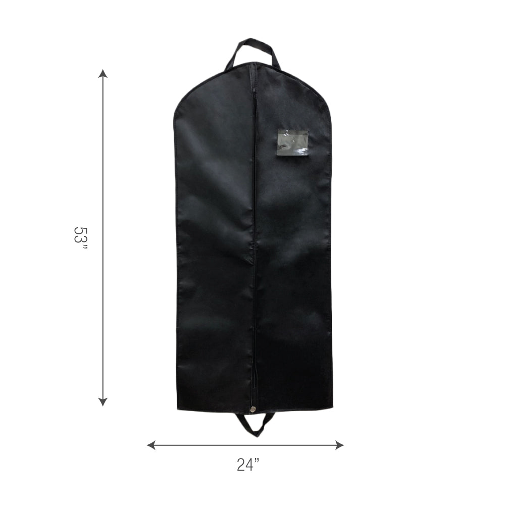 A black garment bag with dimensions:24"W x 53"H