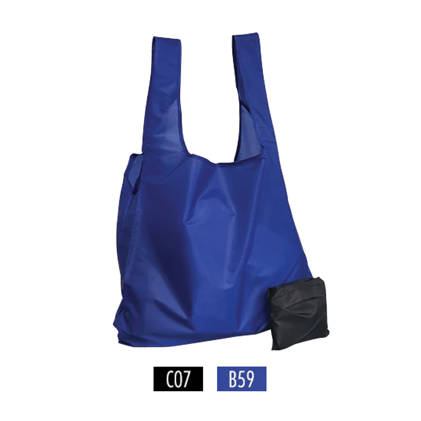 A foldable t-shirt style blue nylon shopping bag and a folded black pocket bag.