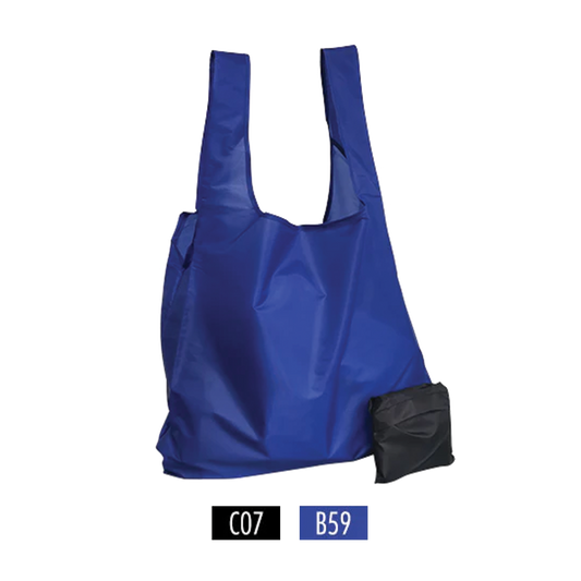 A foldable t-shirt style blue nylon shopping bag and a folded black pocket bag.