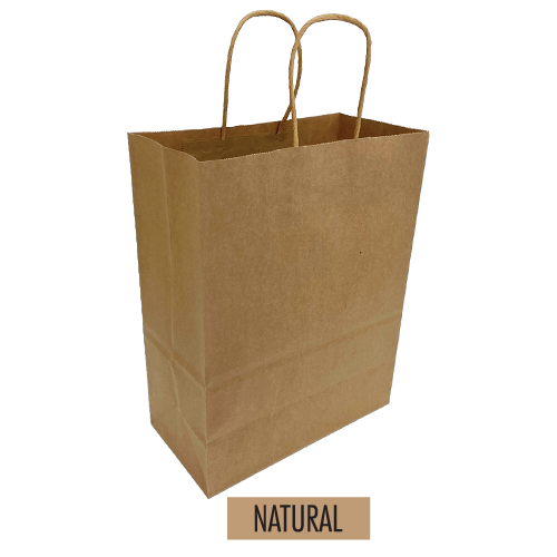 A plain twisted handles paper bag labeled "natural"