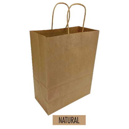 A plain twisted handles paper bag labeled "natural"