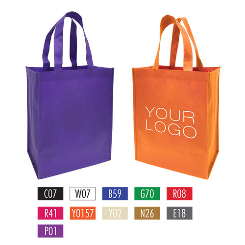 Two promotional non-woven shopping bags in different colors, featuring the words "your logo" on them.
