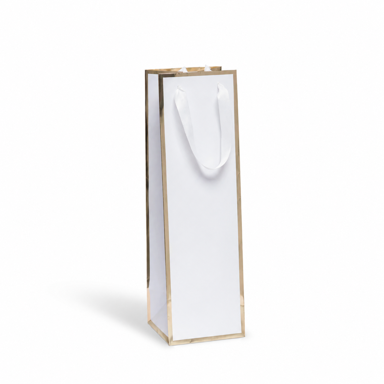 Minimalist luxury wine gift bag with metallic gold trim and white ribbon handles standing upright on a clean white studio background, featuring soft natural shadows and generous negative space for branding, logo placement, or custom packaging presentation.