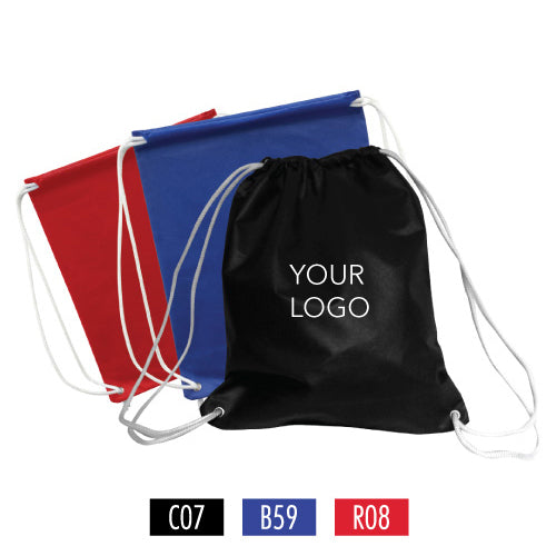 Three reusable non-woven drawstring bags in different colors with the words "your logo" imprinted on them